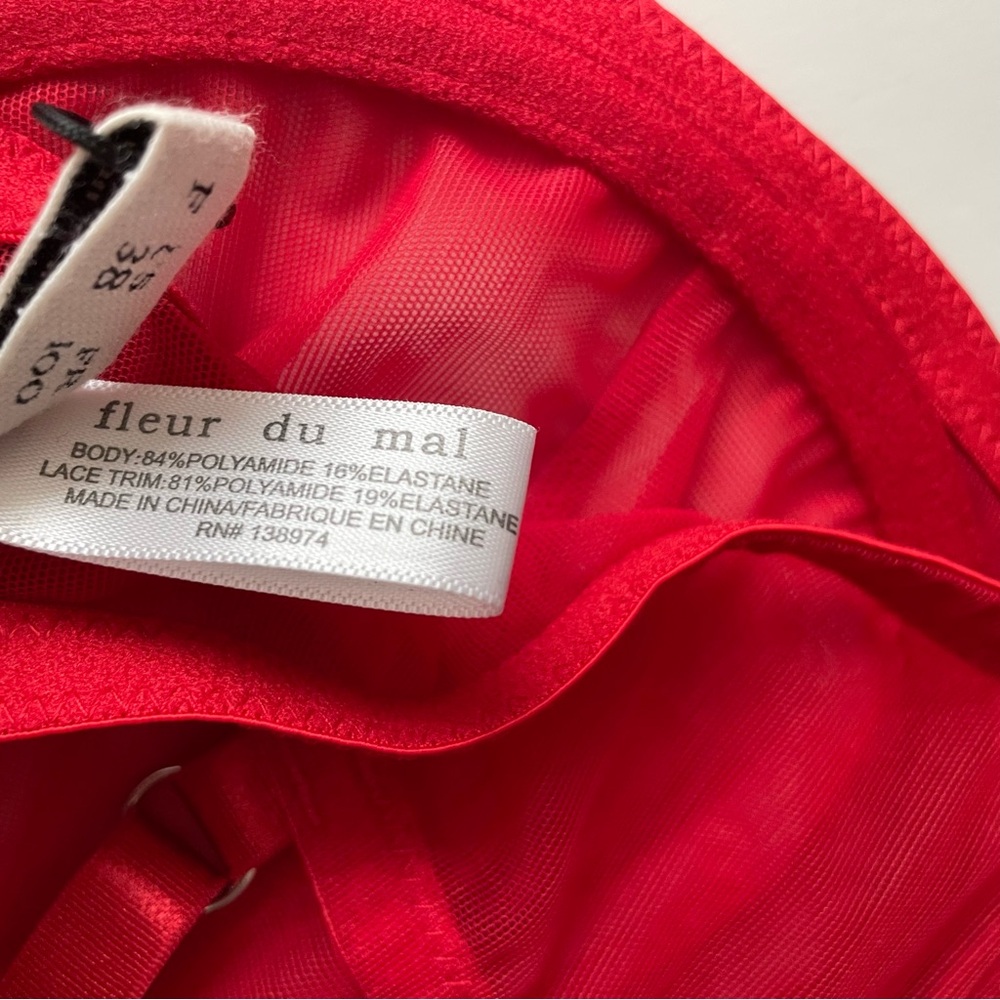 NWT Fleur de mal 38F Sheer Tulle Fuller Cup Demi Unlined bra in Rouge Red - Picture 8 of 8